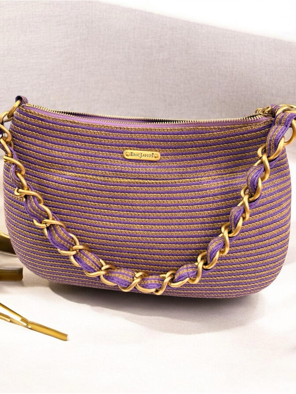 Eric Javits New York Purple Gold Woven Shoulder Bag Chain Strap
